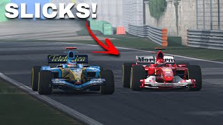 Ferrari F2004 VS Renault R25 ON SLICKS [upl. by Yelkreb]