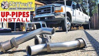 2001 F350 73  RiffRaff UpPipes Install  Stock up pipes leaking and falling apart JUNK SP [upl. by Giddings]